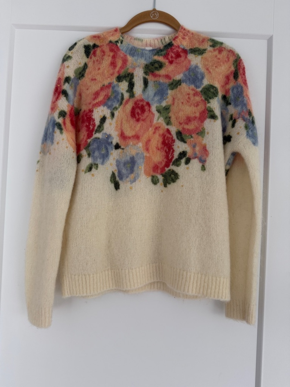 Sézane Cream Floral Crewneck Sweater with Pink and Blue Blooms